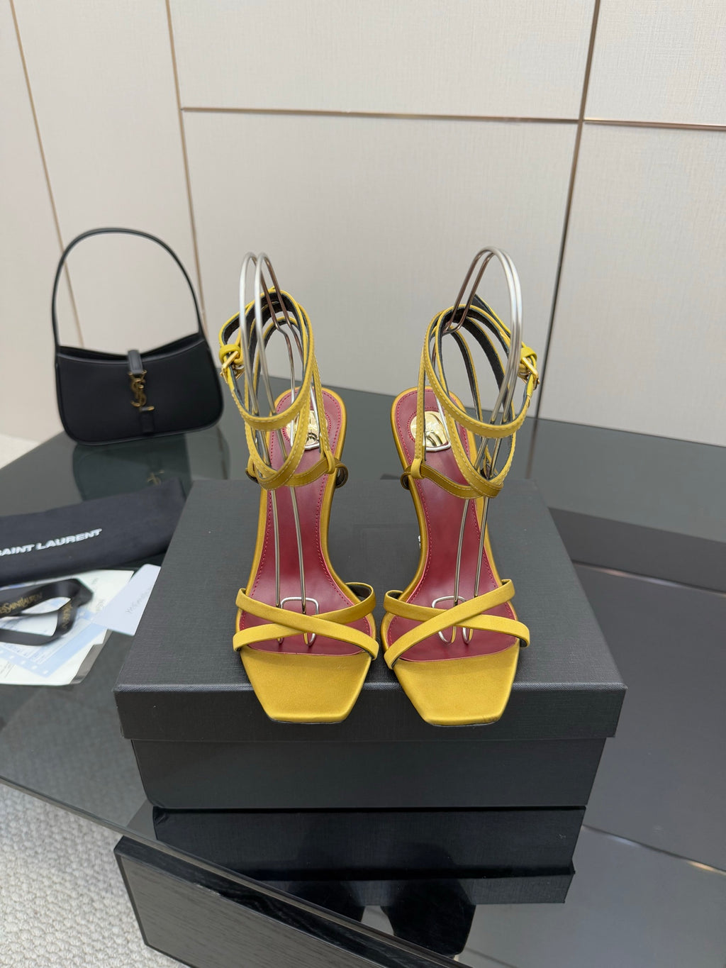 YSL ladies high-heel sandals with yellow closed-toe and magenta insets, gold accents