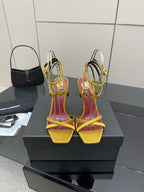 YSL ladies high-heel sandals with yellow closed-toe and magenta insets, gold accents