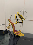 YSL ladies high-heel sandal in hand, yellow straps with magenta edge and gold chain