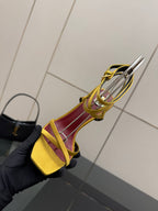 YSL ladies high-heel sandal from above, yellow upper with magenta insole edge