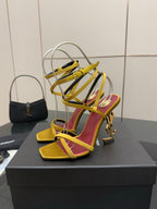 YSL ladies high-heel sandals, yellow straps with magenta trim and gold hardware