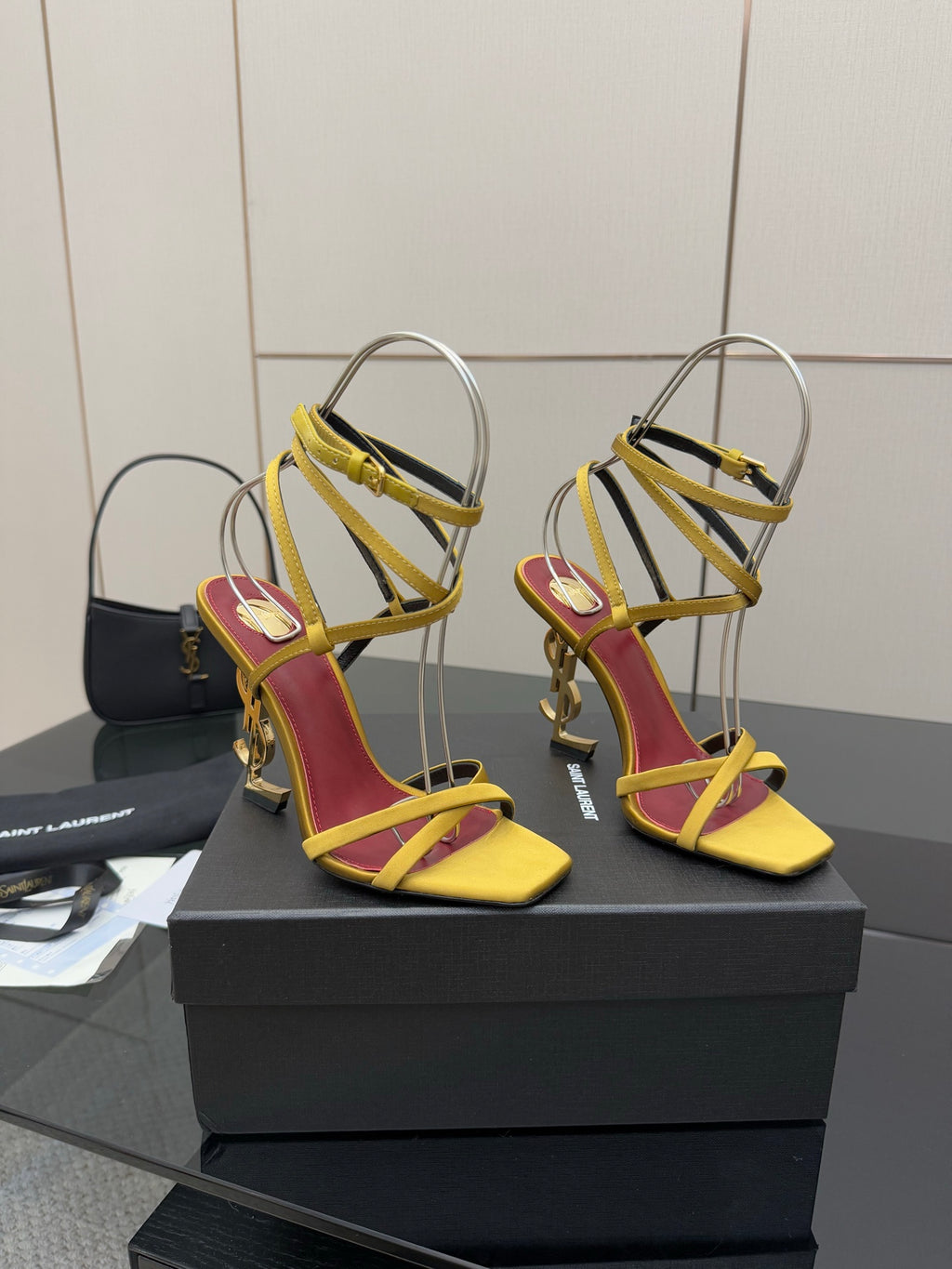 YSL ladies high-heel sandals, two-tone yellow and magenta with gold chain details