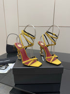 YSL ladies high-heel sandals, two-tone yellow and magenta with gold chain details