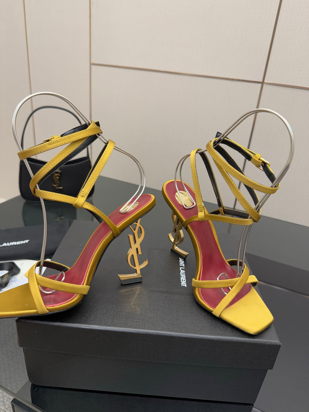 YSL ladies high-heel sandals, yellow straps and magenta lining with gold hardware