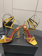 YSL ladies high-heel sandals, yellow straps and magenta lining with gold hardware