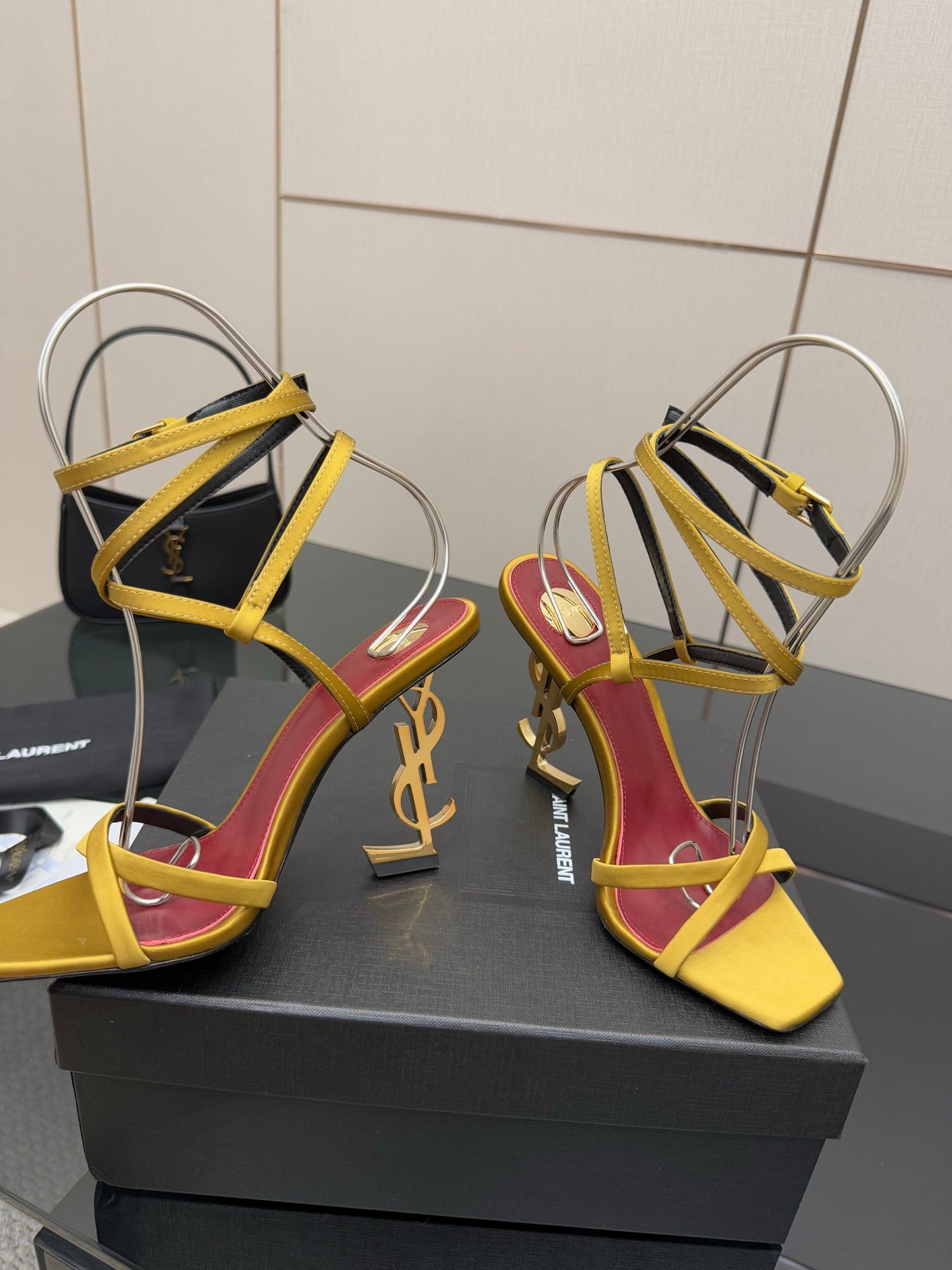 YSL ladies high-heel sandals, yellow straps and magenta lining with gold hardware
