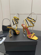 YSL ladies high-heel sandals, yellow platform with magenta trim and gold heel hardware