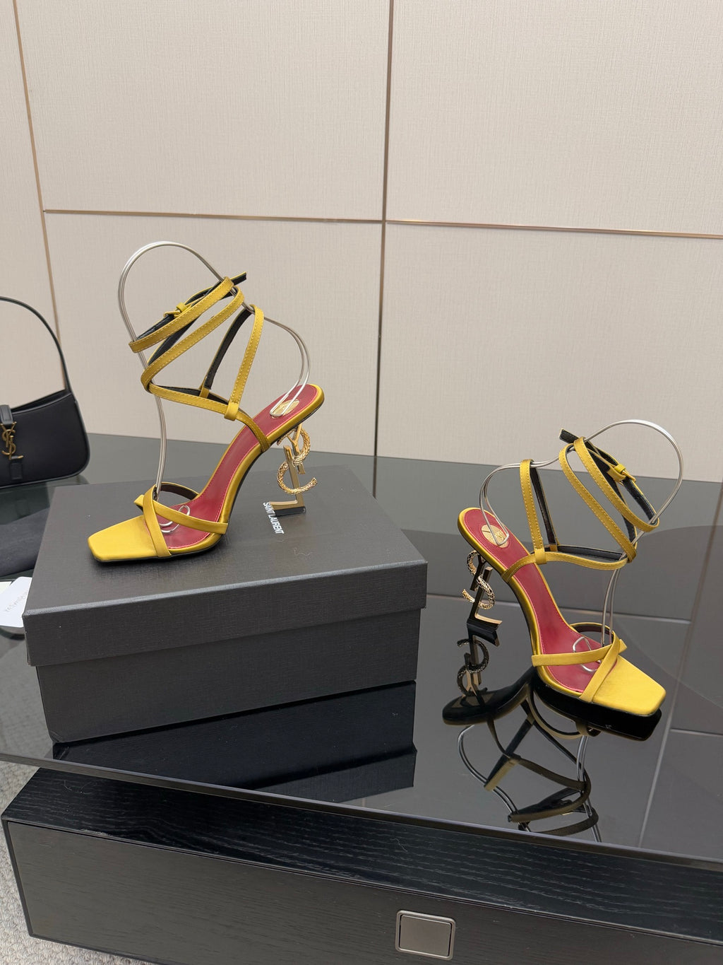 YSL heeled sandals pair, yellow straps with red inner, open toe, slender gold heels