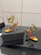 YSL heeled sandals pair, yellow straps with red inner, open toe, slender gold heels
