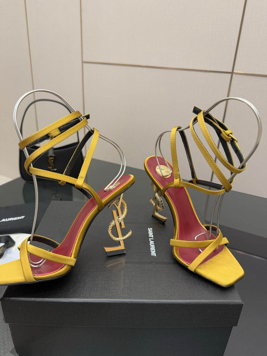 YSL heeled sandals, yellow straps with red side panels, open toe, gold-tone heel
