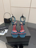 YSL ladies’ strappy heeled sandals, blue straps with red insets and gold heel detail