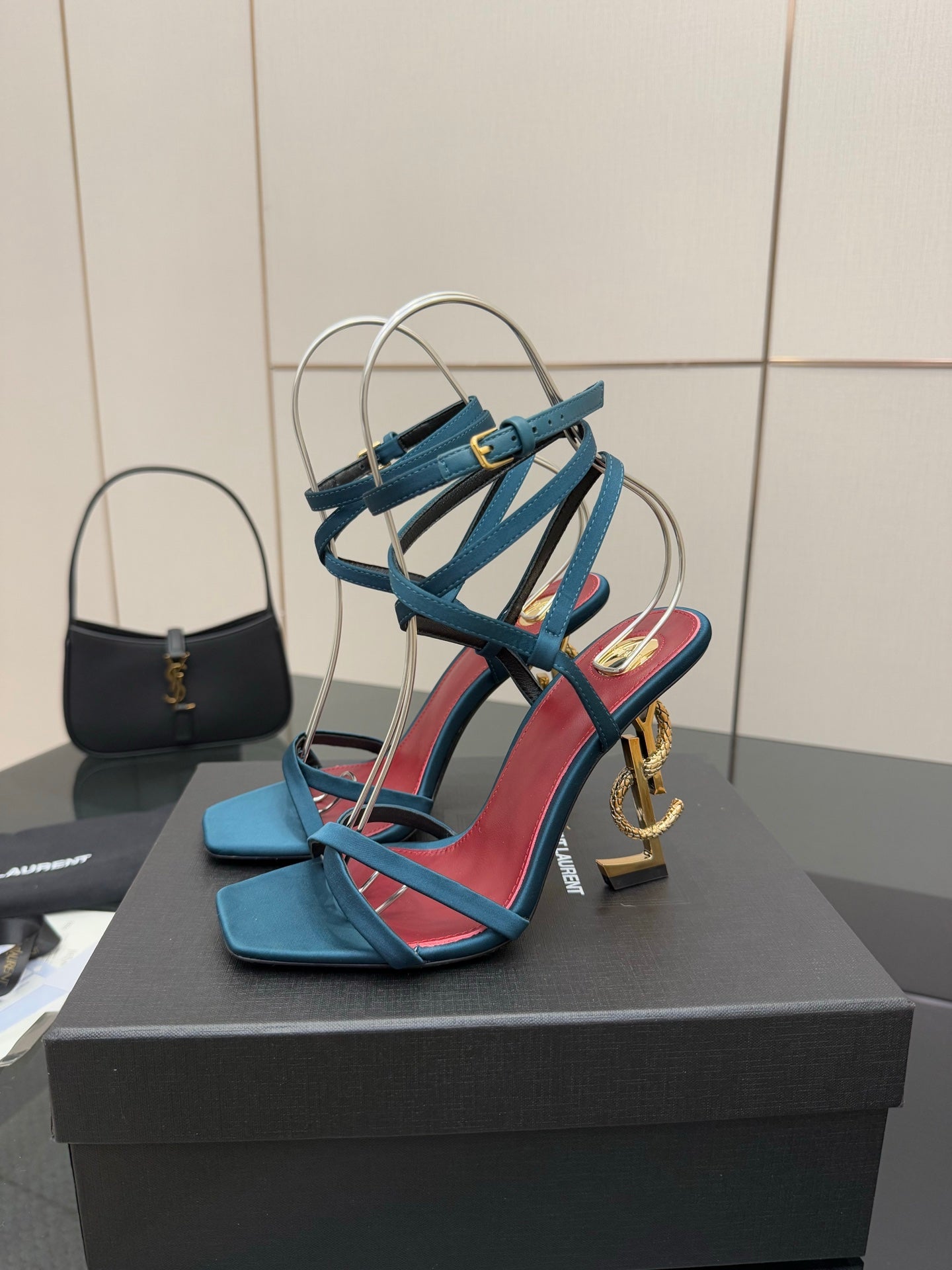 YSL ladies’ strappy heeled sandals, blue with red trim and gold hardware