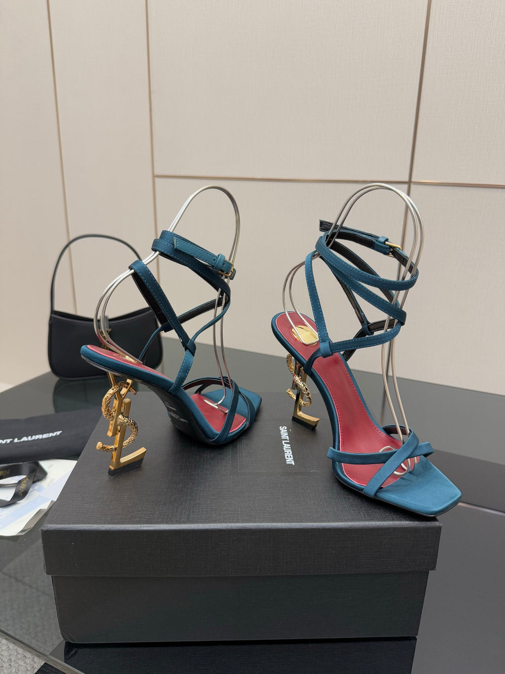 YSL ladies’ heeled sandals, blue footbed with red trim and gold charm hardware