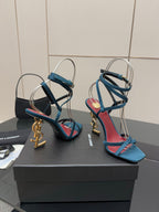 YSL ladies’ heeled sandals, blue footbed with red trim and gold charm hardware