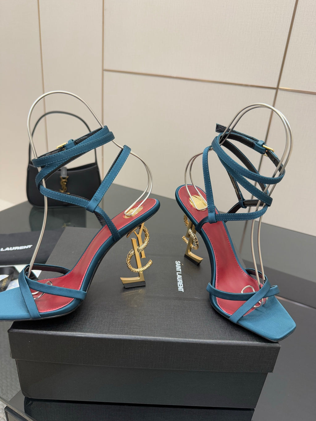 YSL ladies’ strappy heeled sandals, blue and red straps with gold-toned heel hardware