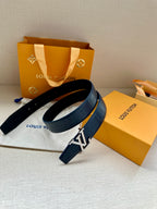 Blue embossed leather belt with LV buckle and leather strap ends