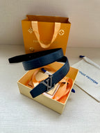 Blue embossed leather belt with oversized LV buckle in gift box