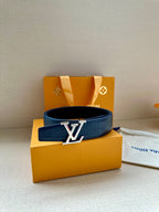 Blue embossed leather belt with centered LV buckle and prong holes