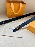Blue embossed leather belt with gold-toned LV buckle and two strap ends