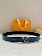 Blue embossed leather belt with metal LV buckle and adjustable holes