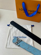 Blue monogram belt with gold buckle and black strap, with Louis Vuitton dust bag.