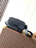 Dark monogram leather crossbody bag with flap and adjustable shoulder strap