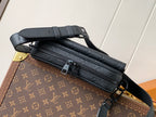 Dark monogram leather crossbody bag with double zipper and adjustable strap