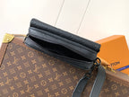 Dark monogram leather crossbody bag with double zipper and side strap