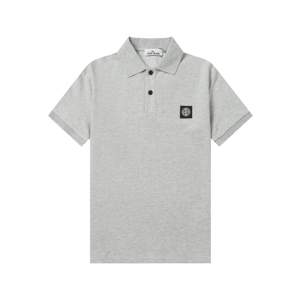 Light gray short-sleeve polo shirt with button placket and chest logo patch