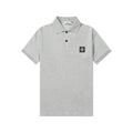 Light gray short-sleeve polo shirt with button placket and chest logo patch