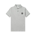 Light gray short-sleeve polo shirt with button placket and chest logo patch