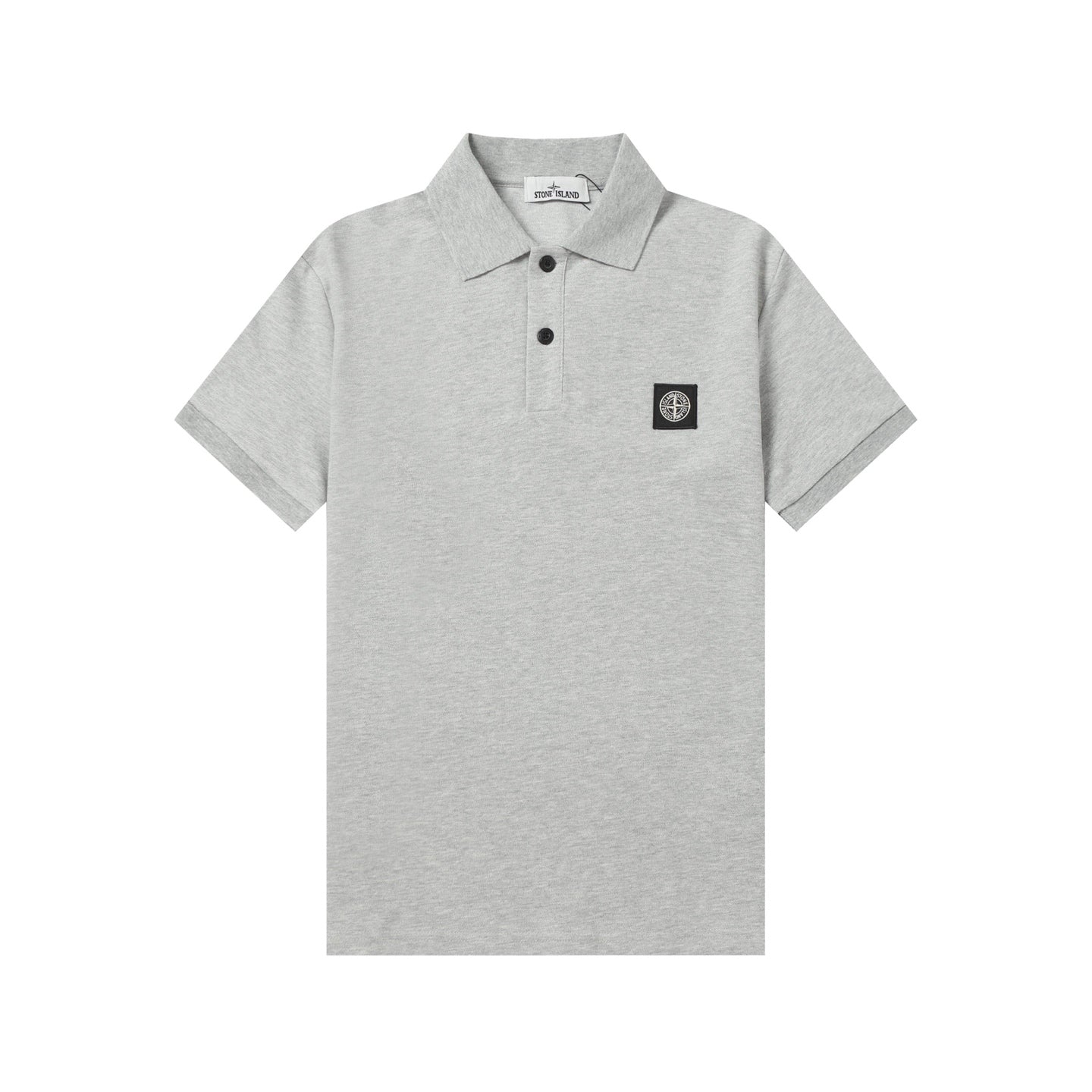 Light gray short-sleeve polo shirt with button placket and chest logo patch