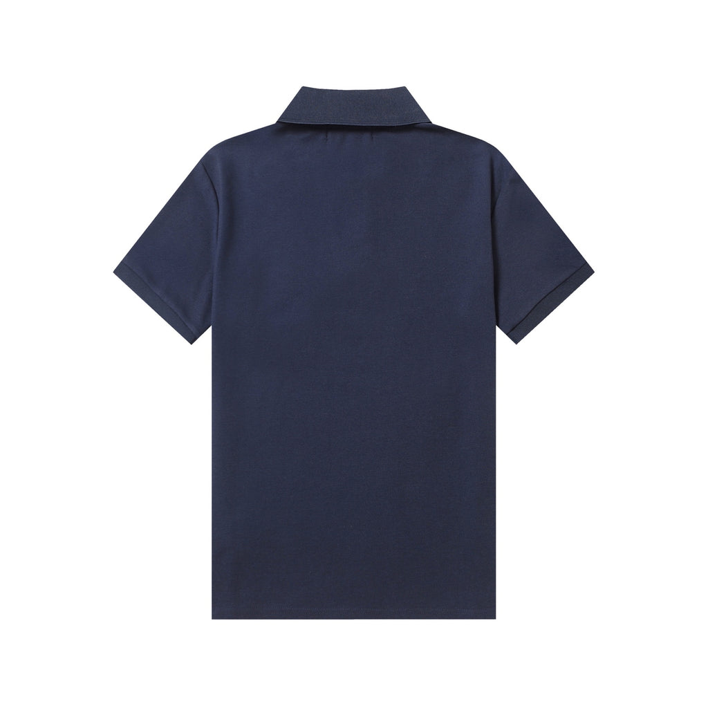 Navy polo shirt, back view with short sleeves and stand collar