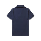 Navy polo shirt, back view with short sleeves and stand collar