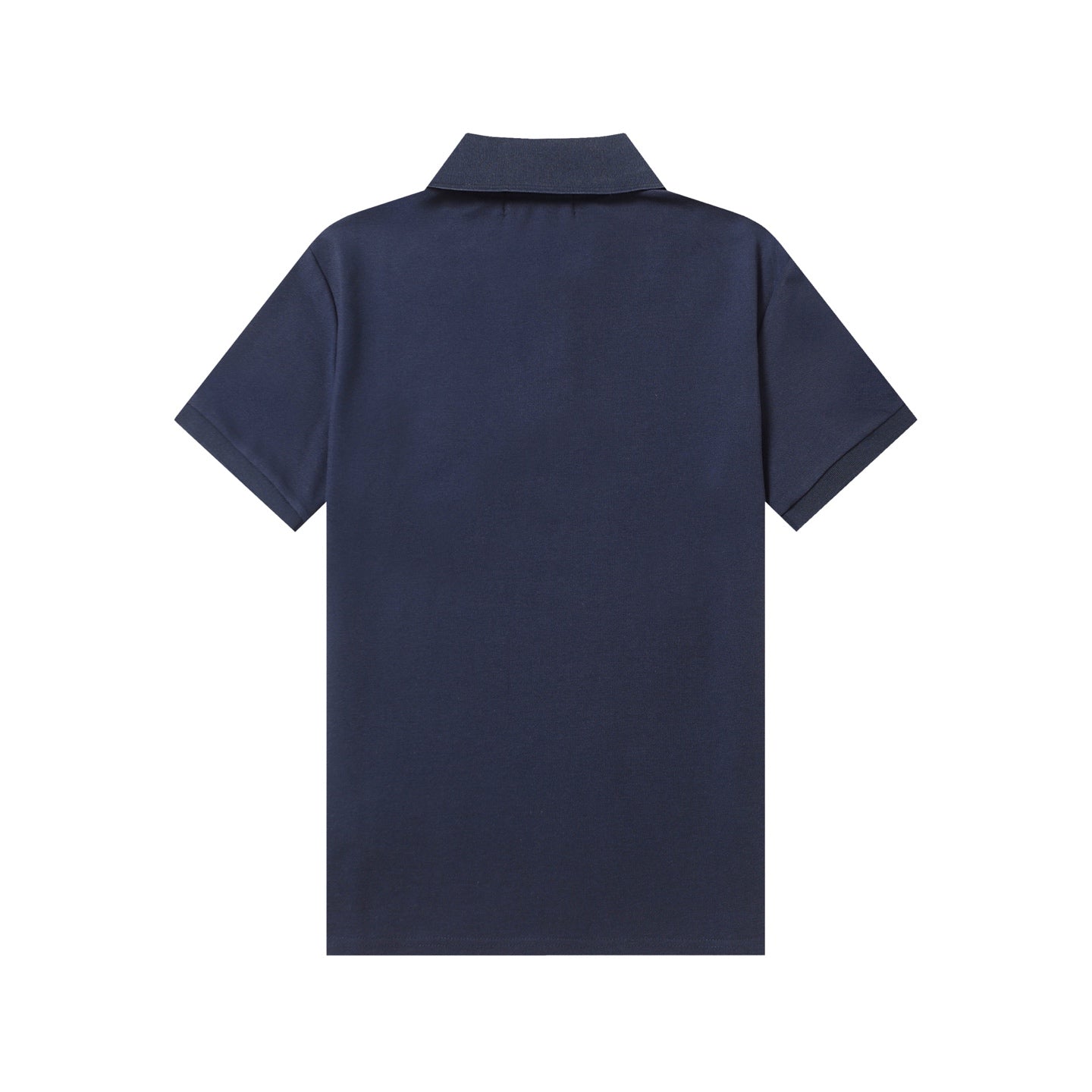 Navy polo shirt, back view with short sleeves and stand collar