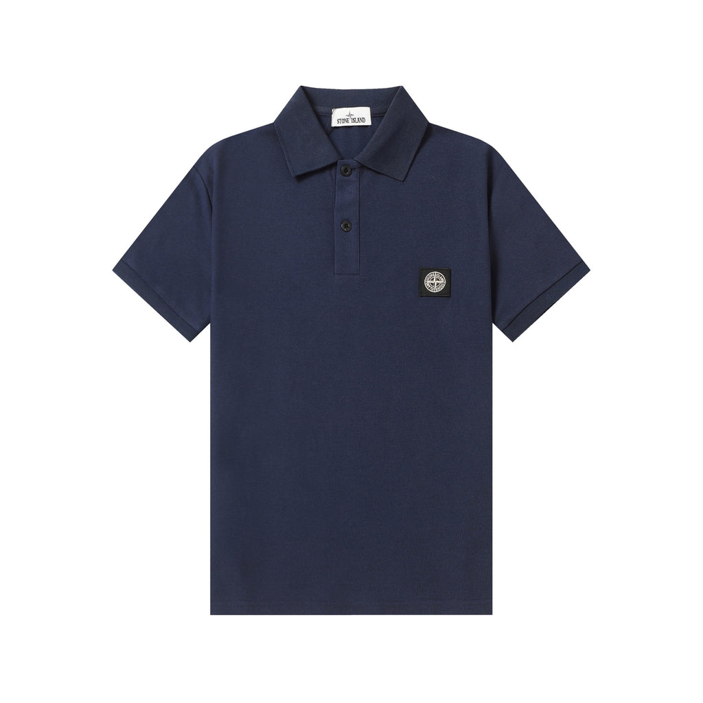 Navy polo shirt with short sleeves, button placket, and chest logo patch