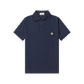 Navy polo shirt with short sleeves, button placket, and chest logo patch