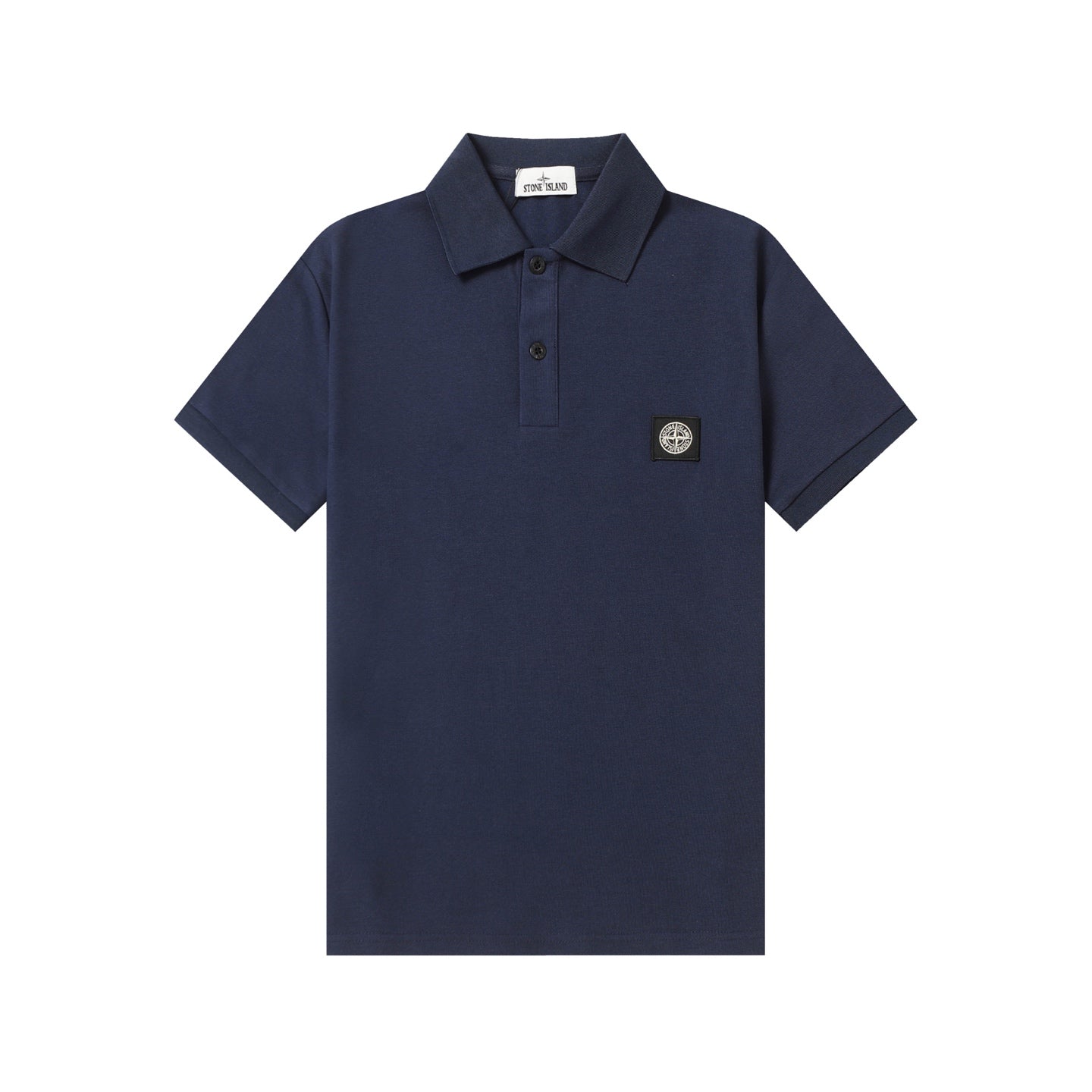 Navy polo shirt with short sleeves, button placket, and chest logo patch