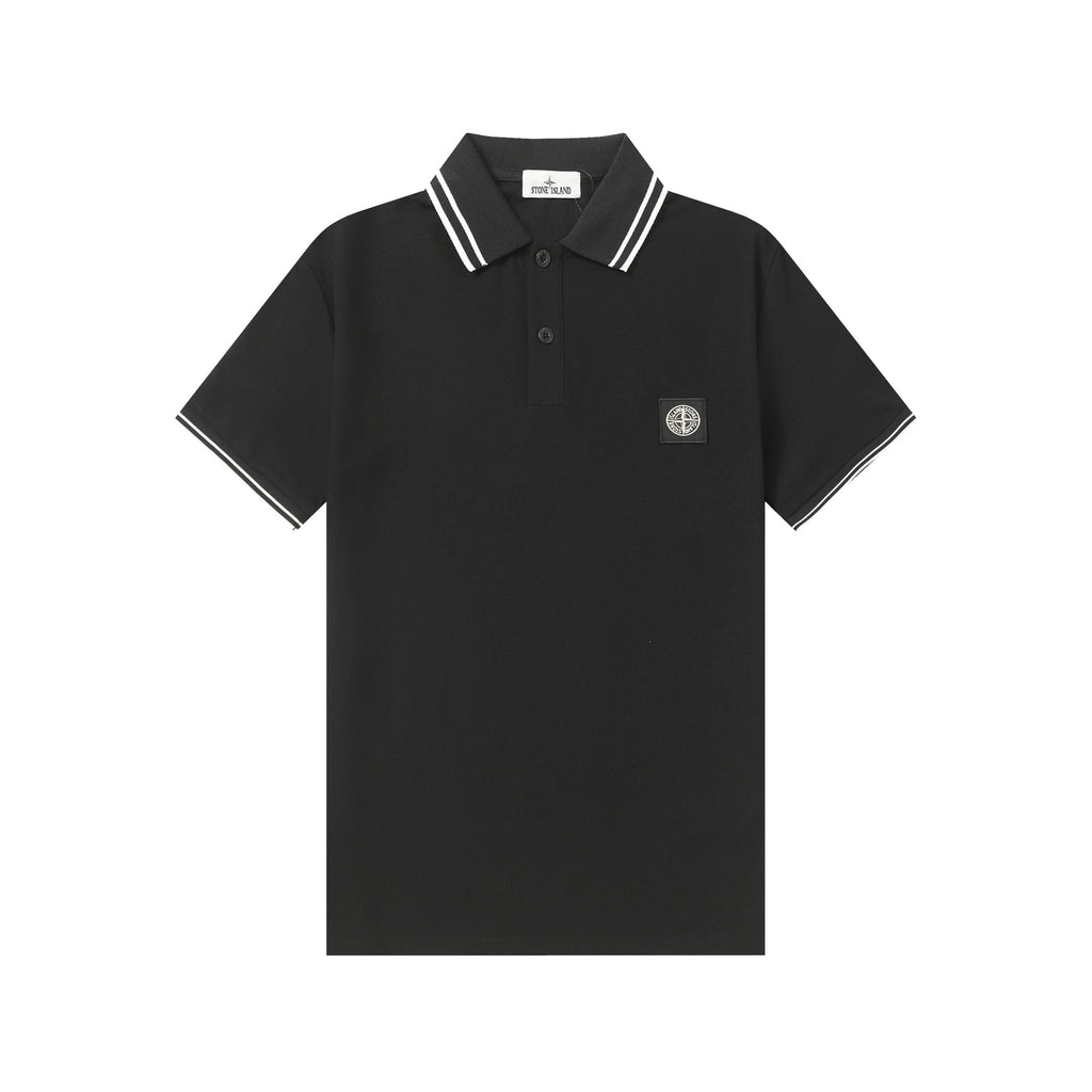 Black Stone Island polo shirt with striped collar and chest badge