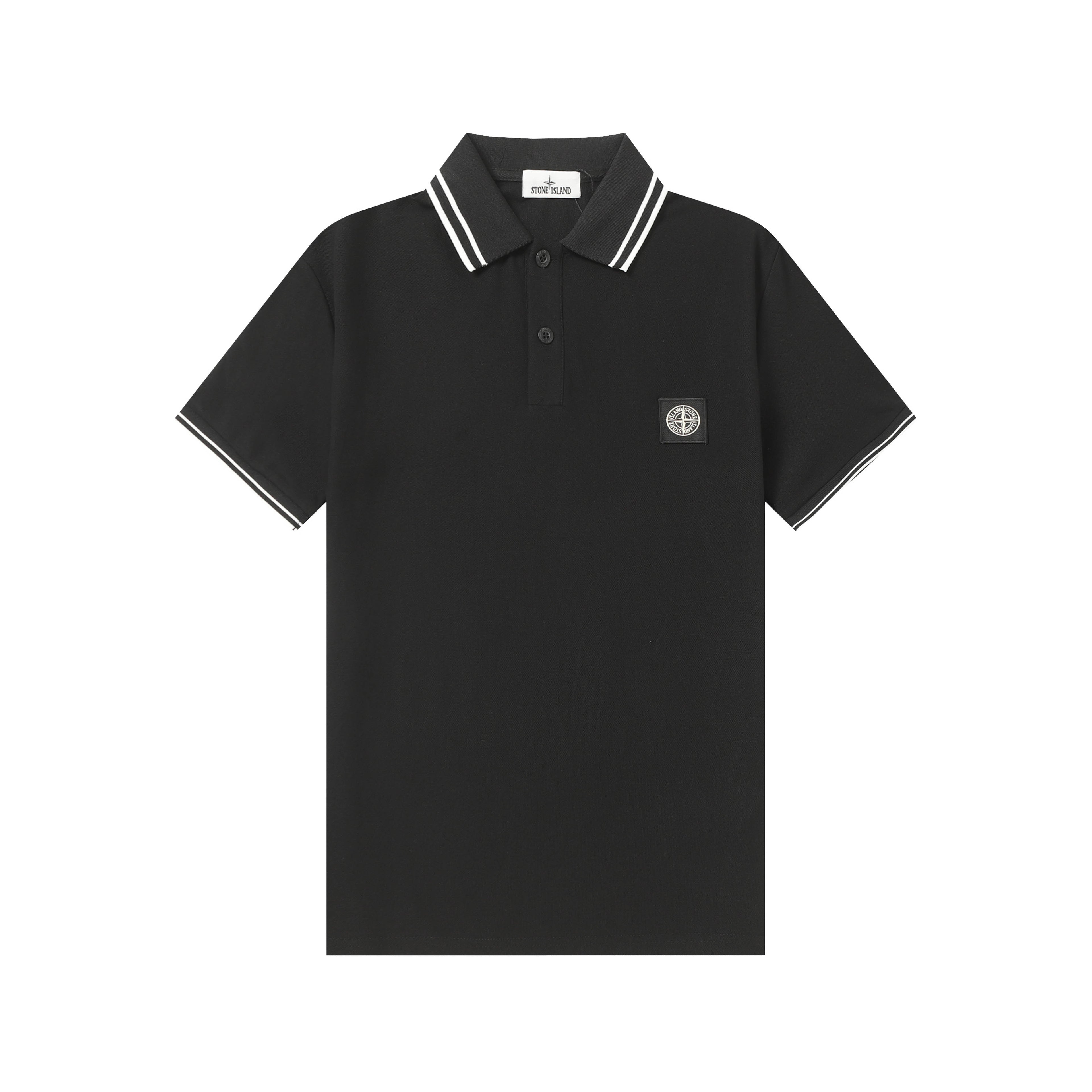 Black Stone Island polo shirt with striped collar and chest badge