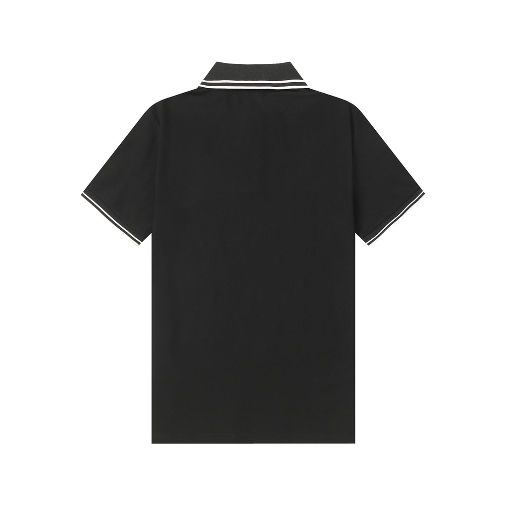 Black polo shirt with striped ribbed collar trim