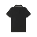 Black polo shirt with striped ribbed collar trim