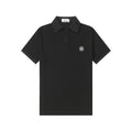 Black polo shirt with button placket and chest logo patch