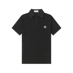 Black polo shirt with button placket and chest logo patch