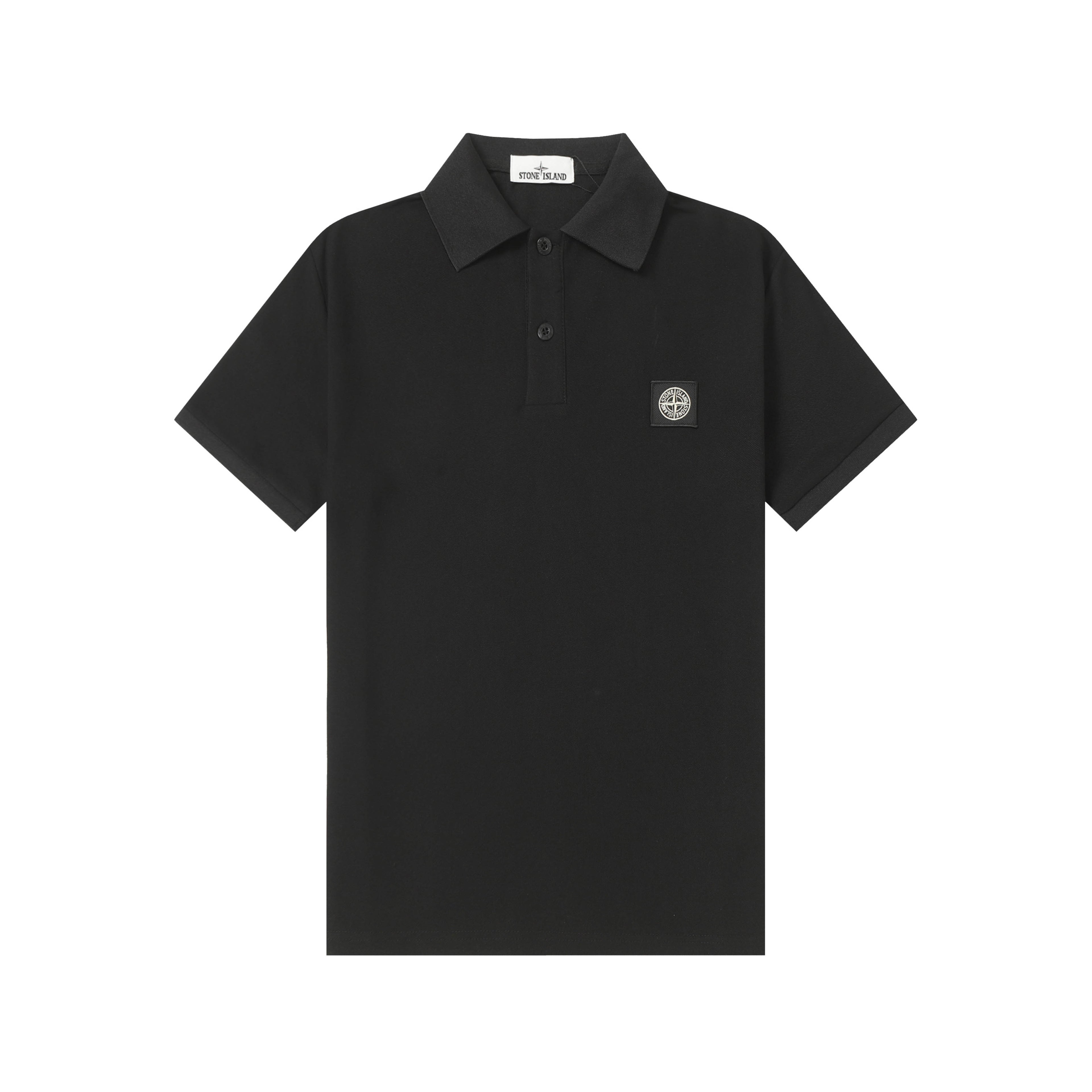 Black polo shirt with button placket and chest logo patch
