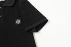 Black polo shirt sleeve and chest logo patch