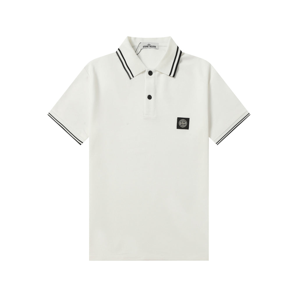 White polo shirt with black striped collar and button placket
