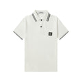 White polo shirt with black striped collar and button placket