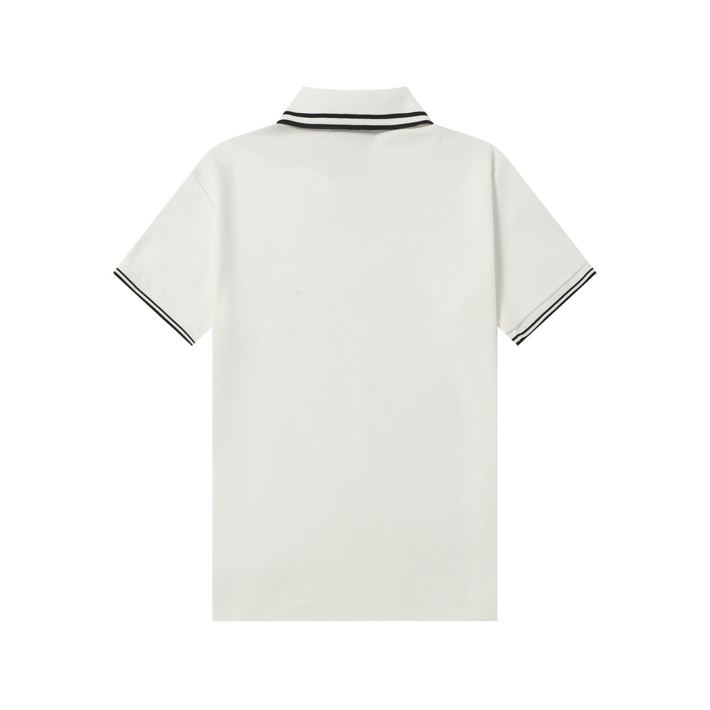 White polo shirt back view with ribbed black striped collar