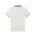 White polo shirt back view with ribbed black striped collar